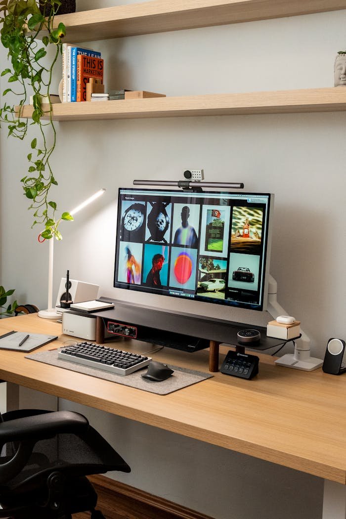 Stylish home office desk featuring a modern computer setup and clean aesthetic.